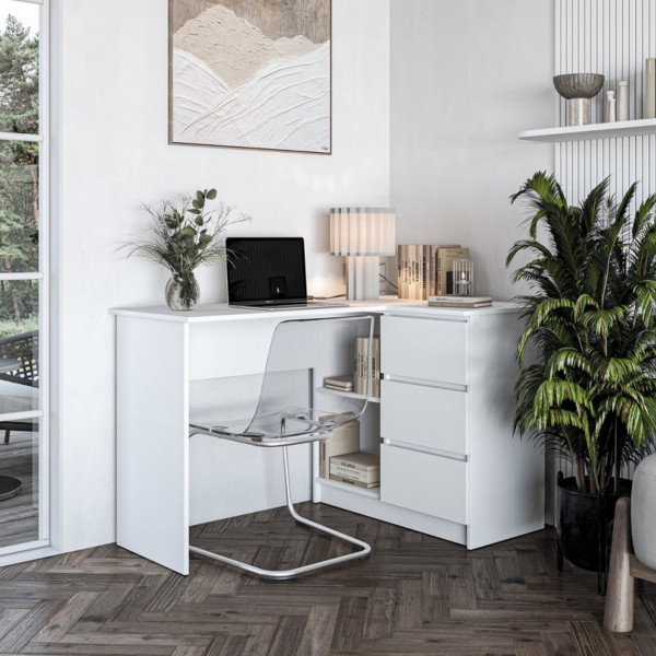 CORNER modern sarok íróasztal 3 fiókkal és polcokkal – fehér – 124 cm