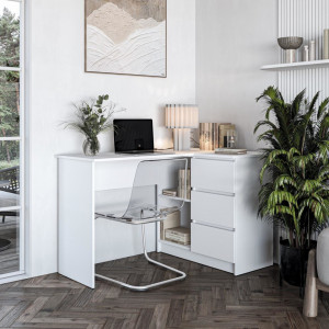 CORNER modern sarok íróasztal 3 fiókkal és polcokkal – fehér – 124 cm HALMAR