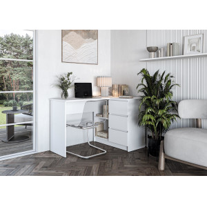 CORNER modern sarok íróasztal 3 fiókkal és polcokkal – fehér – 124 cm