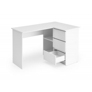 CORNER modern sarok íróasztal 3 fiókkal és polcokkal – fehér – 124 cm