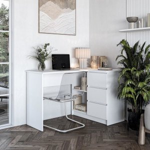 CORNER modern sarok íróasztal 3 fiókkal és polcokkal – fehér – 124 cm HALMAR