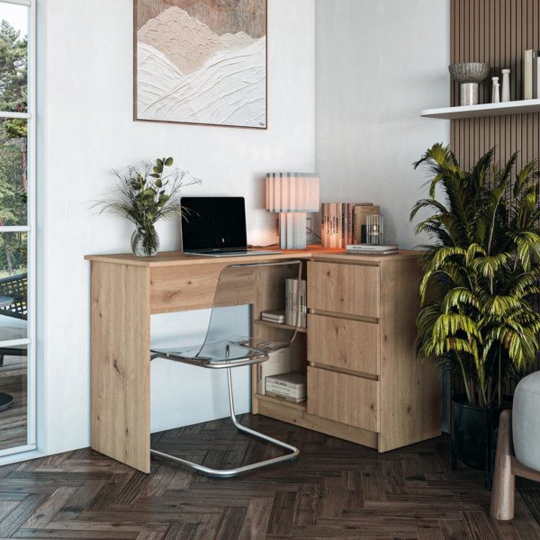 CORNER modern sarok íróasztal 3 fiókkal – tölgy – 124 cm