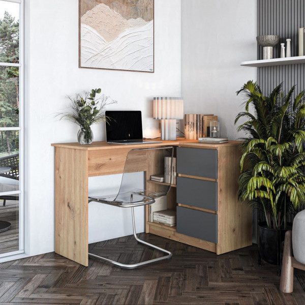CORNER modern sarok íróasztal 3 fiókkal –  tölgy / grafit – 124 cm