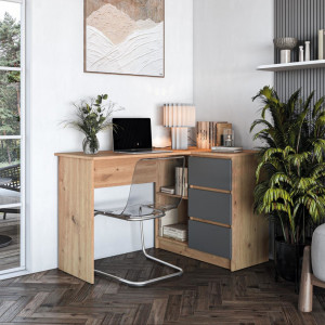 CORNER modern sarok íróasztal 3 fiókkal –  tölgy / grafit – 124 cm HALMAR