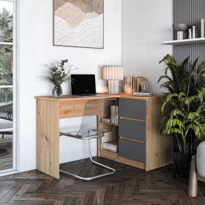 CORNER modern sarok íróasztal 3 fiókkal –  tölgy / grafit – 124 cm HALMAR