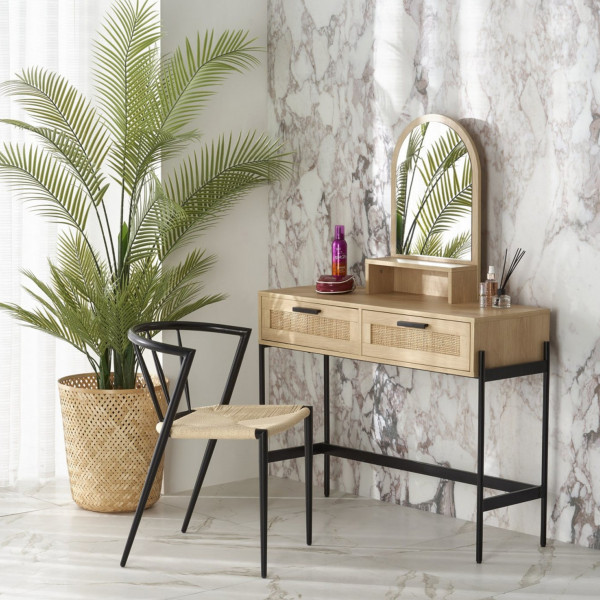 CANE modern fésülködőasztal tükörrel és rattan részletekkel – natúr / fekete – 104 cm