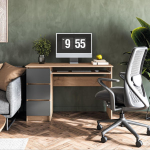 STUDY modern íróasztal 3 fiókkal – Artisan tölgy / grafit – 120 cm HALMAR