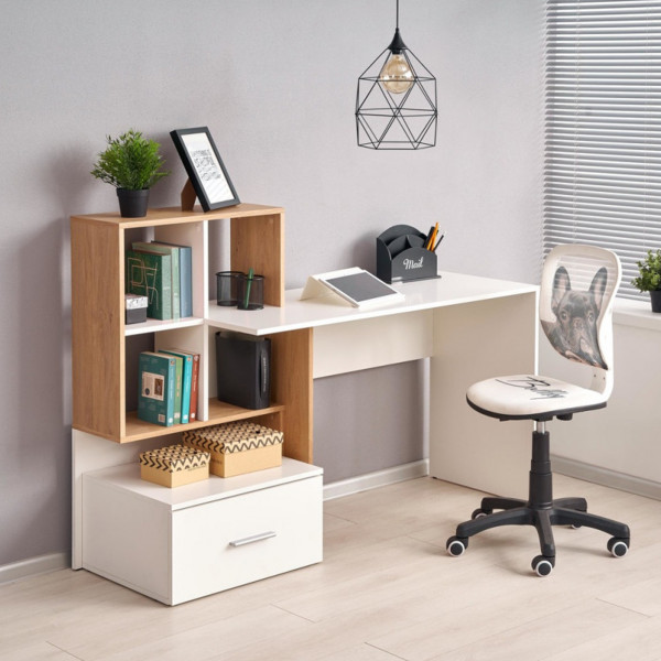 STACK modern íróasztal polcos tárolóval és fiókkal – tölgy / fehér – 149 cm