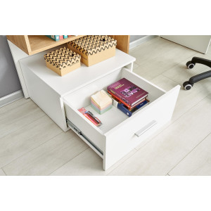 STACK modern íróasztal polcos tárolóval és fiókkal – tölgy / fehér – 149 cm