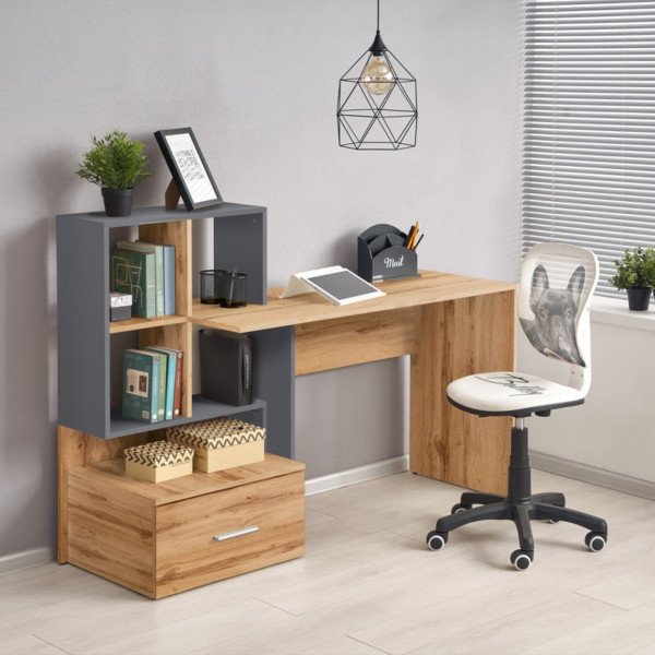 STACK modern íróasztal polcokkal és fiókkal –  tölgy / antracit – 149 cm