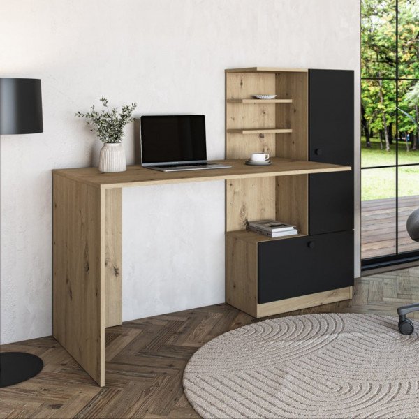CUBBY modern íróasztal polcos tárolóval –  tölgy / fekete – 150 cm
