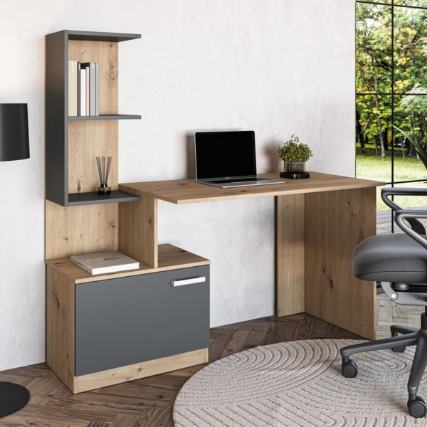 GRID modern íróasztal integrált polcokkal – Artisan tölgy / grafit – 144 cm