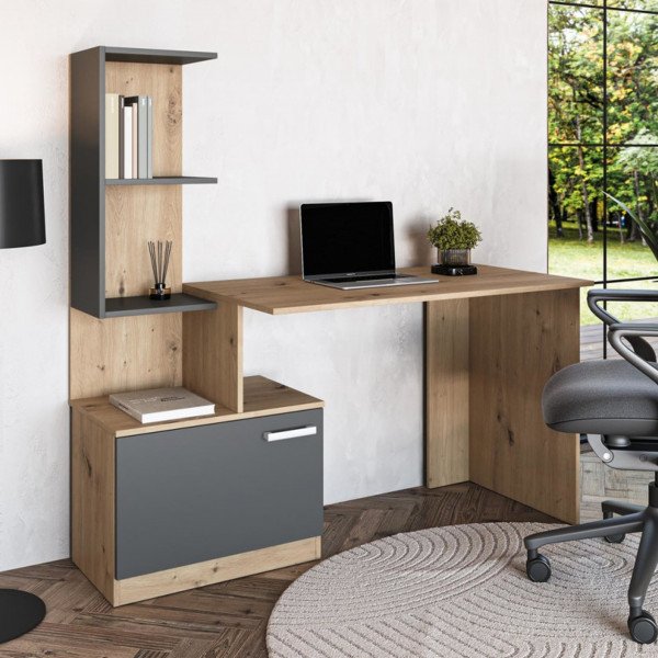 GRID modern íróasztal integrált polcokkal – Artisan tölgy / grafit – 144 cm