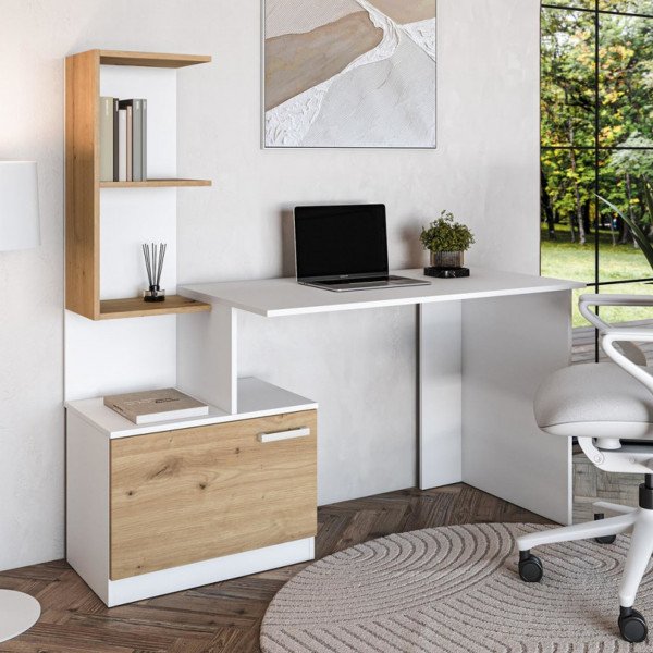 GRID modern íróasztal integrált polcokkal – fehér / tölgy – 144 cm
