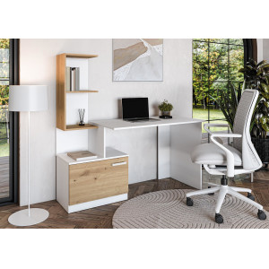 GRID modern íróasztal integrált polcokkal – fehér / tölgy – 144 cm