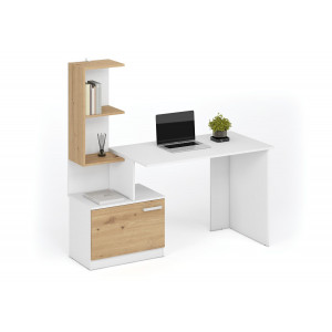 GRID modern íróasztal integrált polcokkal – fehér / tölgy – 144 cm