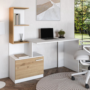 GRID modern íróasztal integrált polcokkal – fehér / tölgy – 144 cm