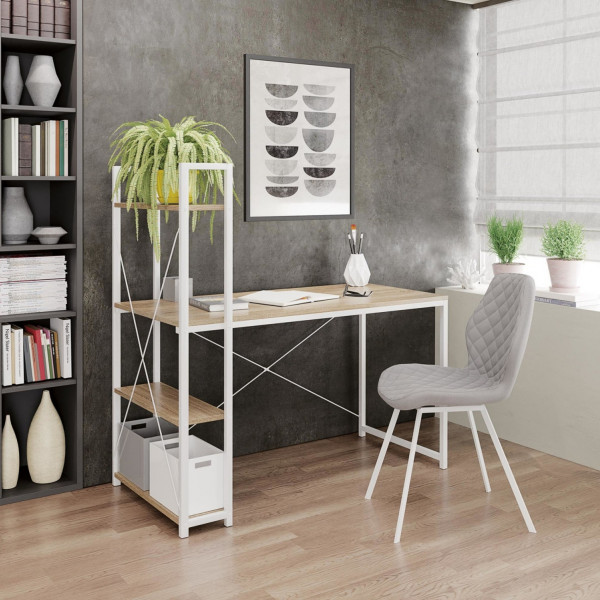 RACK modern íróasztal 3 polccal – tölgy / fehér – 120 cm