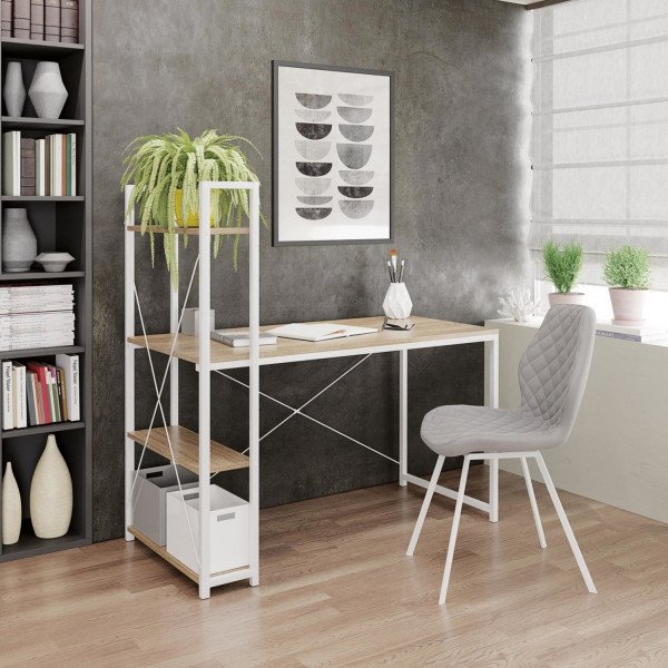 RACK modern íróasztal 3 polccal – tölgy / fehér – 120 cm