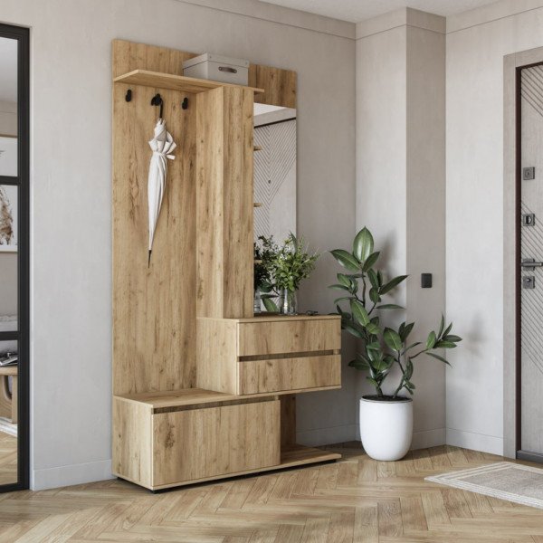 ENTRY modern előszobabútor tükörrel és tárolókkal – arany tölgy – 120 cm