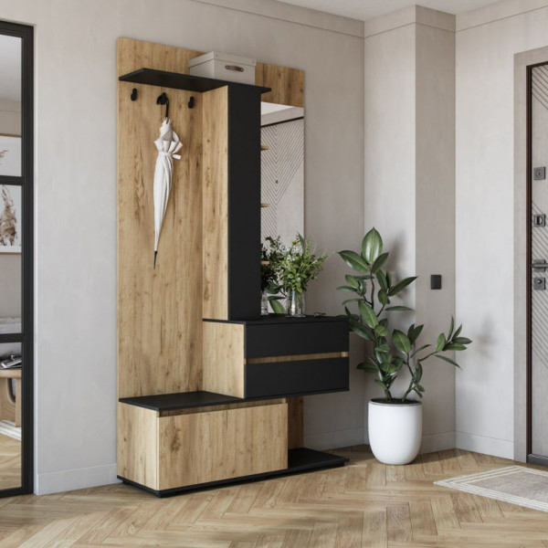ENTRY modern előszobabútor tükörrel – arany tölgy / fekete – 120 cm