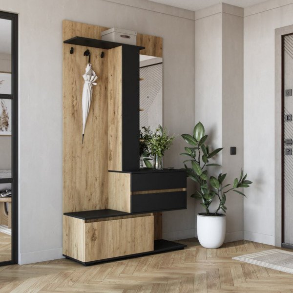 ENTRY modern előszobabútor tükörrel – arany tölgy / fekete – 120 cm