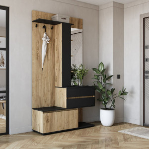 ENTRY modern előszobabútor tükörrel – arany tölgy / fekete – 120 cm Előszoba bútorok