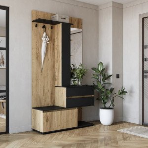 ENTRY modern előszobabútor tükörrel – arany tölgy / fekete – 120 cm Előszoba bútorok