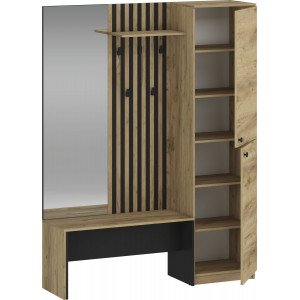 LOBBY modern előszobabútor tükörrel és ülőpaddal – tölgy / fekete – 150 cm