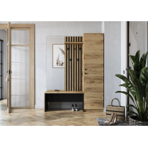 LOBBY modern előszobabútor tükörrel és ülőpaddal – tölgy / fekete – 150 cm