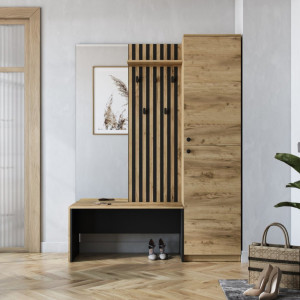 LOBBY modern előszobabútor tükörrel és ülőpaddal – tölgy / fekete – 150 cm Előszoba bútorok