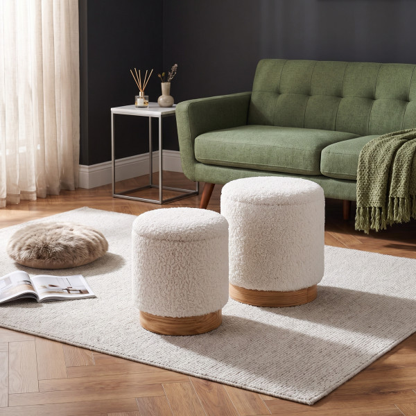 DOME modern tárolós bouclé puff szett – krém / natúr