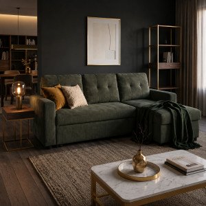 FLEXI kordbársony sarokkanapé ágyfunkcióval 202 cm – zöld INVICTA