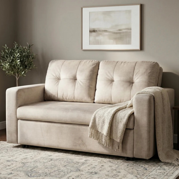 NAPPER bársony kanapéágy 142 cm – pezsgőbézs / fekete