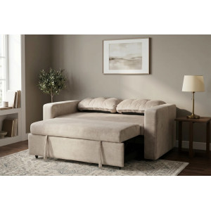 NAPPER bársony kanapéágy 142 cm – pezsgőbézs / fekete