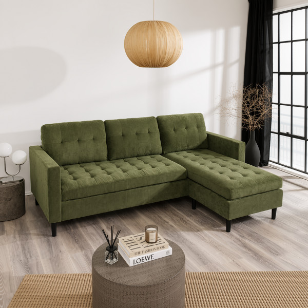 LOUNGE kordbársony sarokkanapé 220 cm – zöld