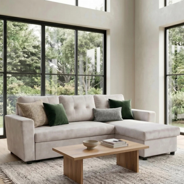 FLEXI bársony sarokkanapé ágyfunkcióval 202 cm – pezsgőbézs