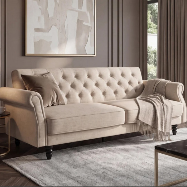 HAVEN bársony kanapéágy 220 cm – pezsgőbézs / barna