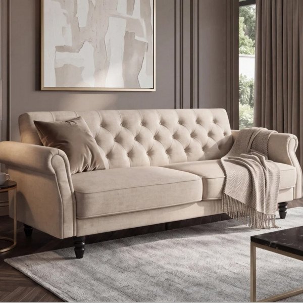 HAVEN bársony kanapéágy 220 cm – pezsgőbézs / barna