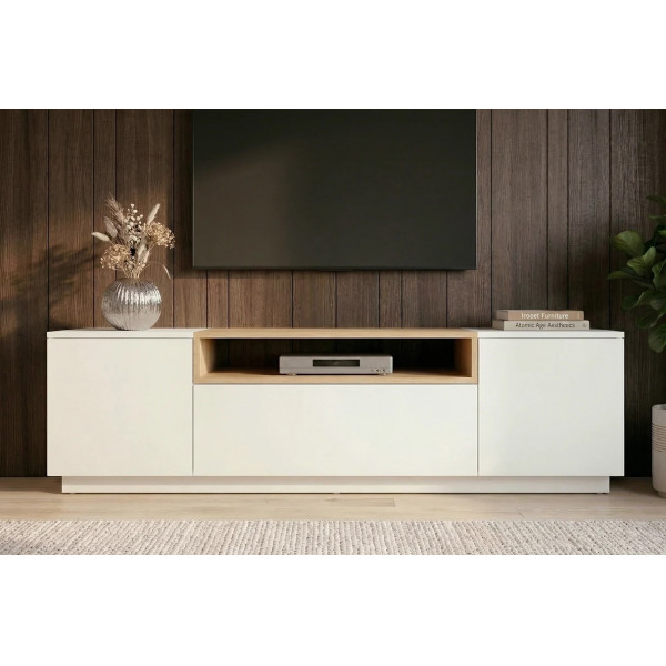NORDEN modern TV-szekrény 160 cm – fehér / natúr tölgy