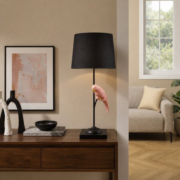 PARADISE modern papagájos asztali lámpa 75 cm – fekete / arany / rózsaszín
