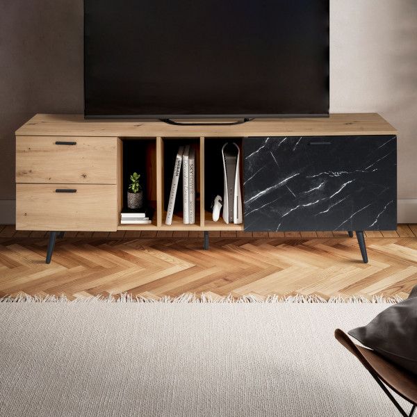 MARVEO modern TV-szekrény 150 cm – tölgy / fekete márvány