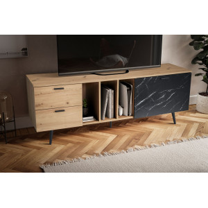 MARVEO modern TV-szekrény 150 cm – tölgy / fekete márvány