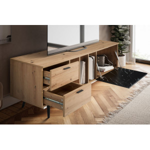 MARVEO modern TV-szekrény 150 cm – tölgy / fekete márvány