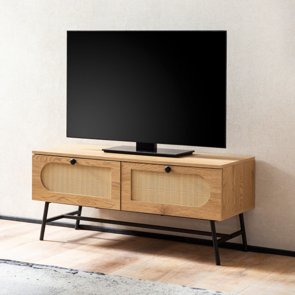 CANE modern TV-szekrény rattan hatású fronttal - 110cm - tölgy