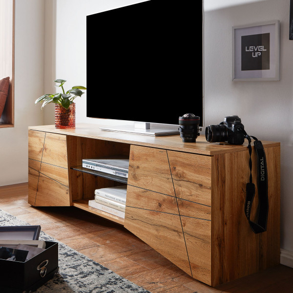 LINEA modern TV-szekrény üvegpolccal - 160cm - tölgy/fekete