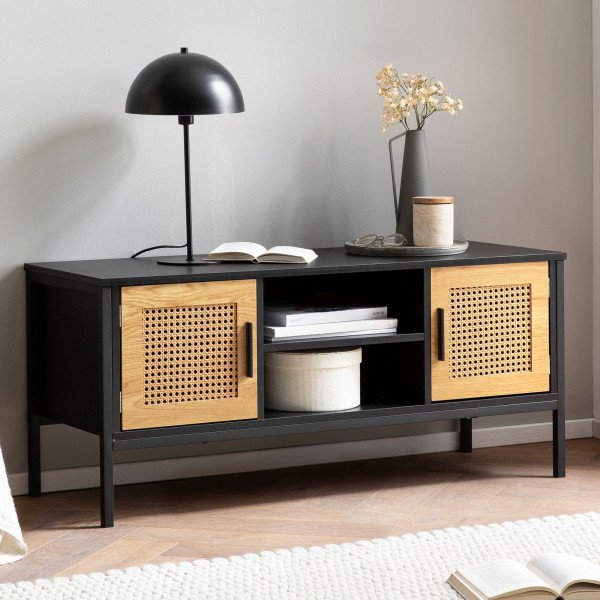 VIENNA modern TV-szekrény rattan hatású fronttal - 110cm - tölgy/fekete