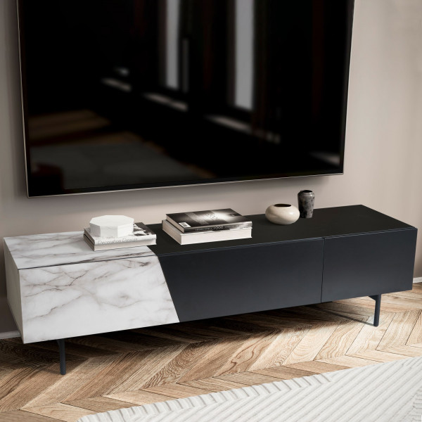 VARIO modern TV-szekrény márványhatású fronttal - 150cm - fehér/fekete