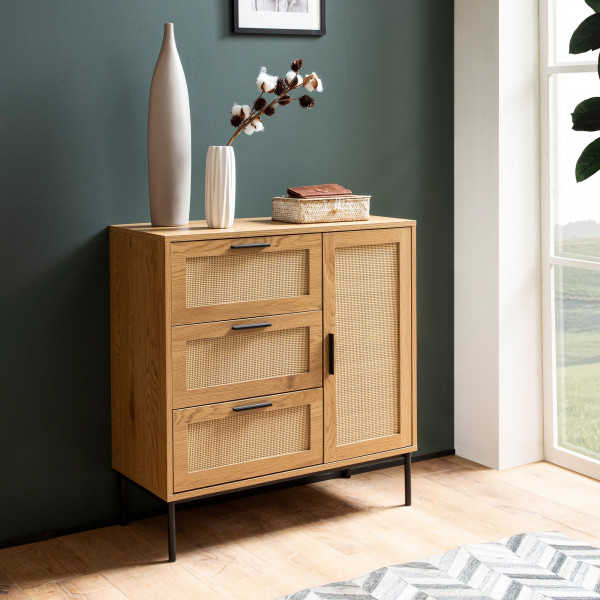 CANEWOOD modern komód - 80 cm – tölgy / rattan