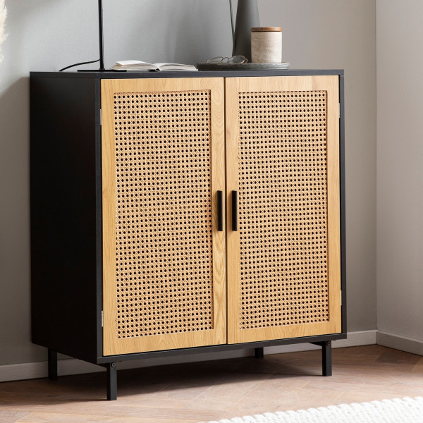 VIENNA modern komód rattan hatású fonattal - 80 cm – tölgy/fekete